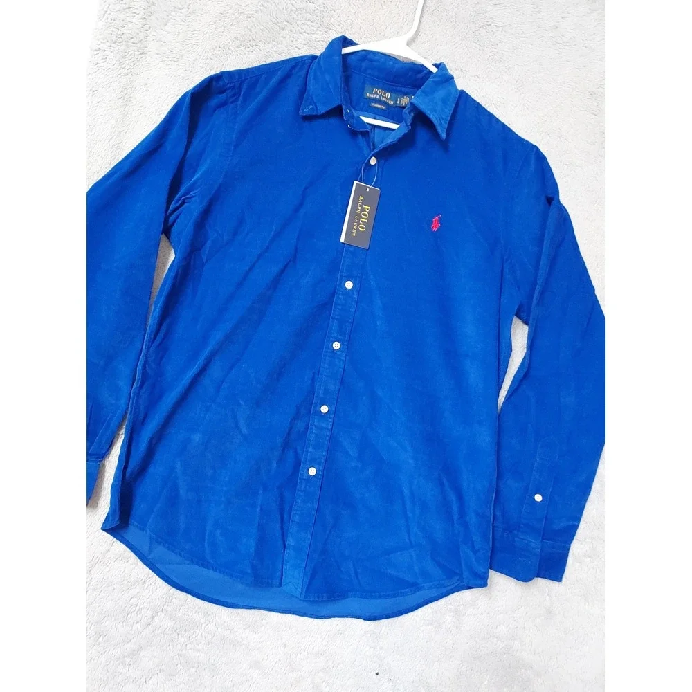 NEW Polo Ralph Lauren Corduroy Shirt Men Large Classic Fit Button Down Blue NWT